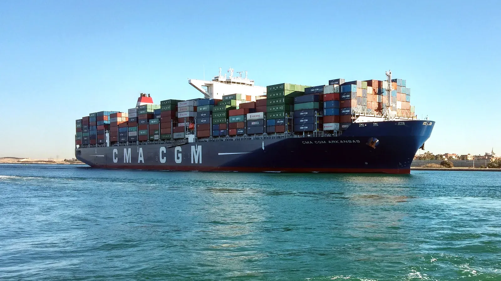 Laden container ship CMA CGM Arkansas transiting the Suez Canal, Egypt