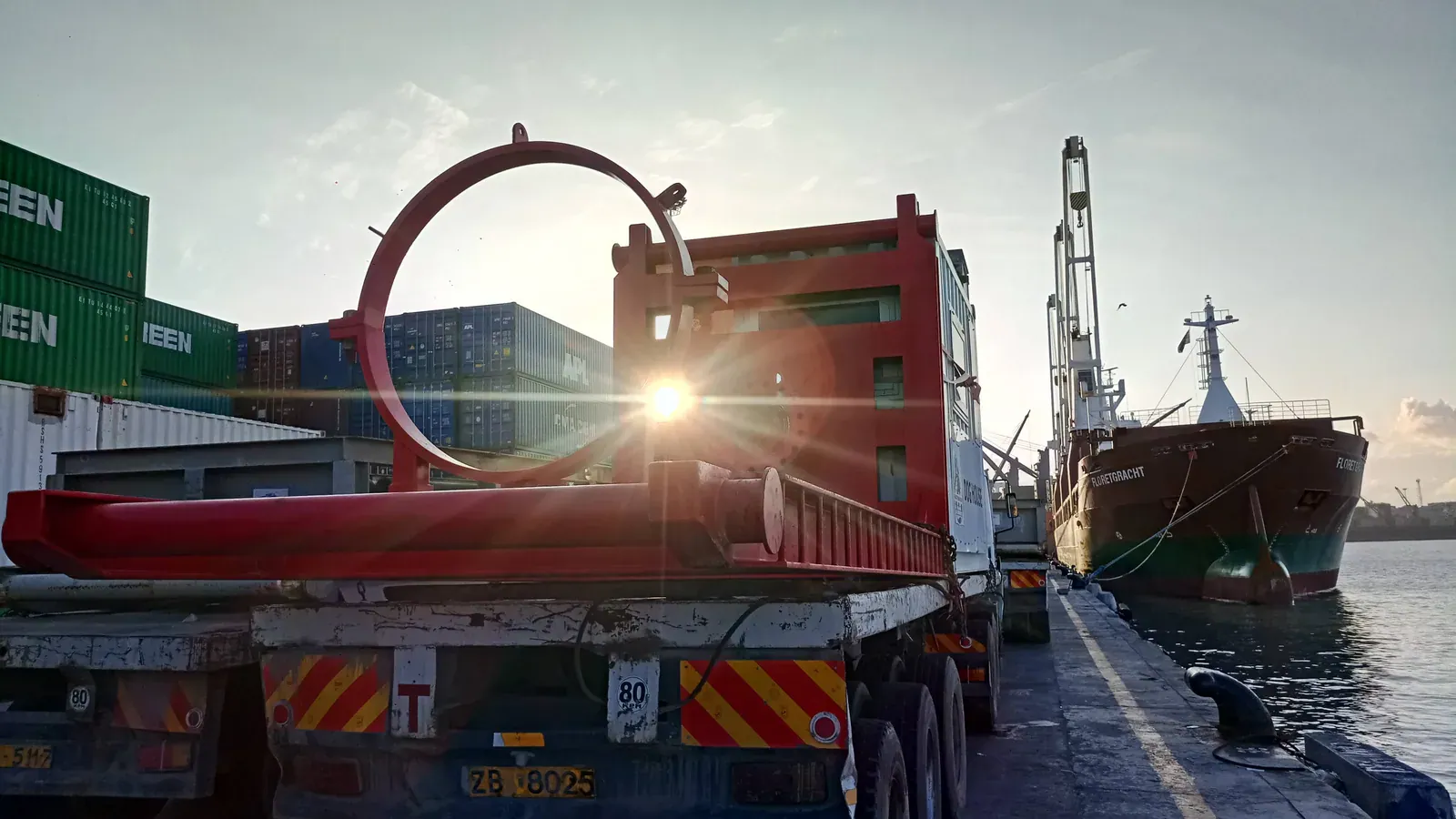 Oil exploration rig equipment on a trailer awaiting loading onto a cargo vessel at Mombasa Port